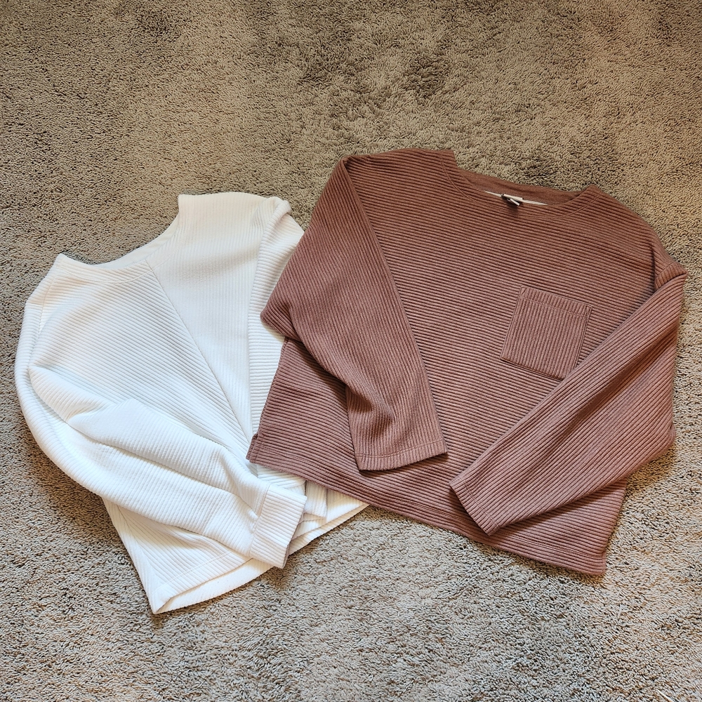 A New Day Women's Ribbed Tops - White and Brown